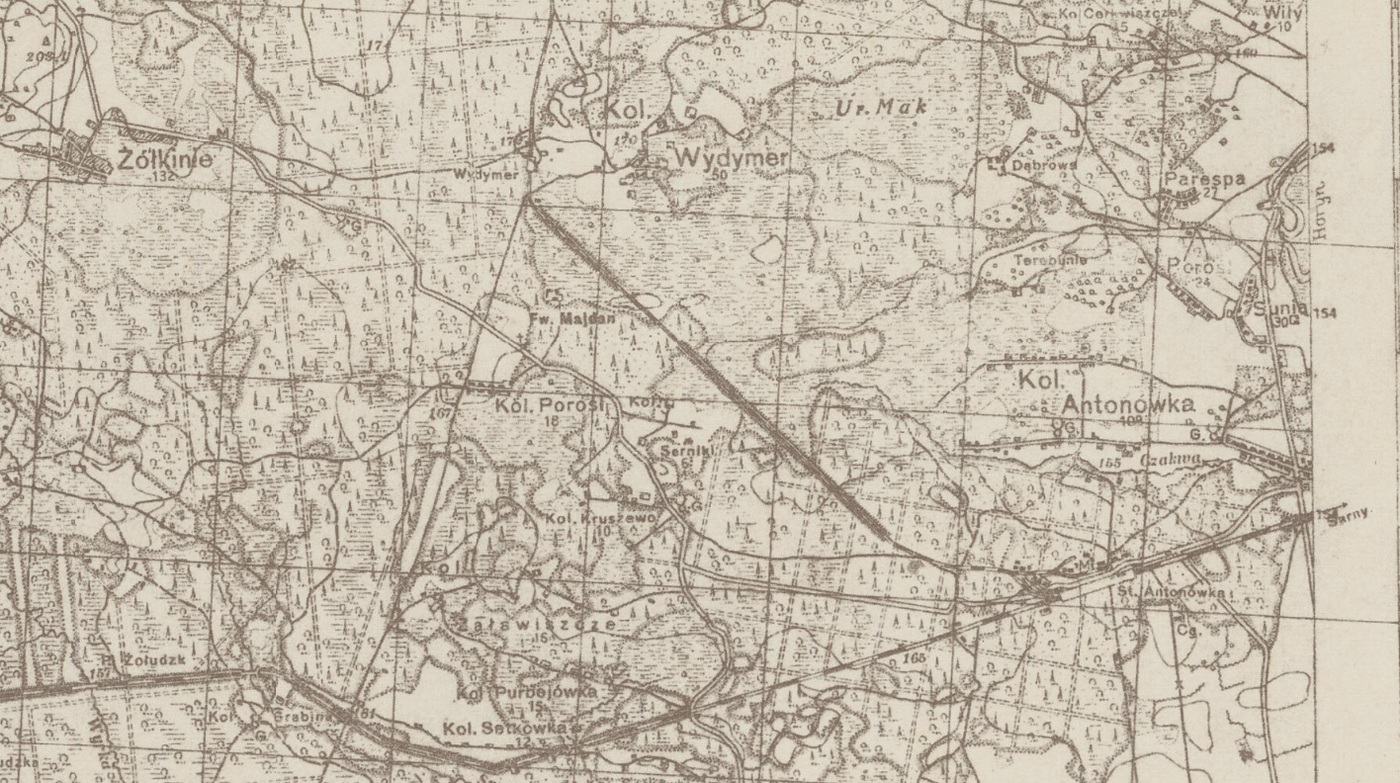 Okolice wsi Wydymer, Parośla i Antonówka we fragmencie mapy WiG, 1927 r. (ze zbiorów Biblioteki Narodowej)