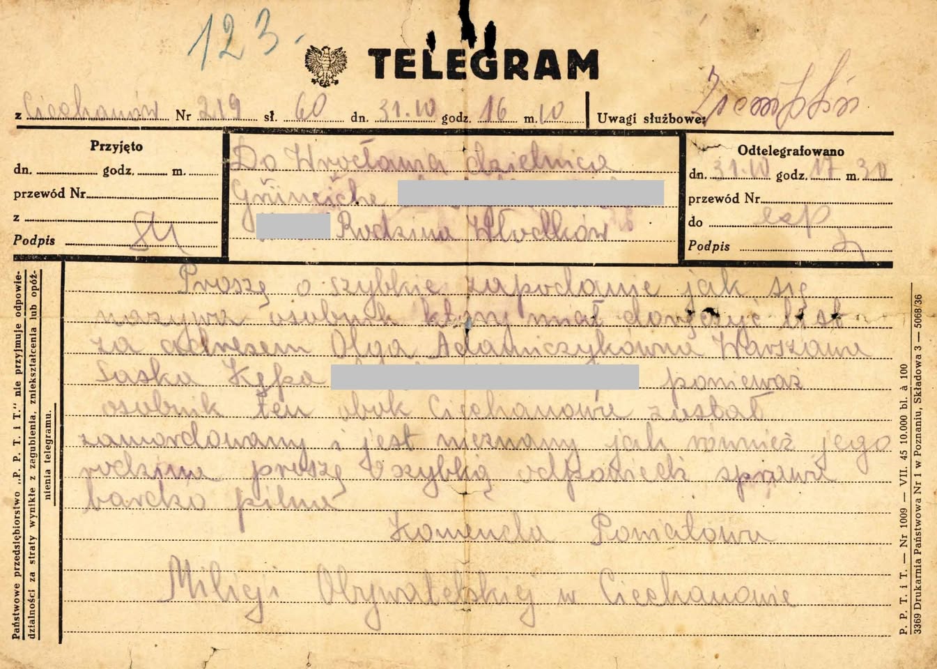 Telegram z Komendy Powiatowej MO w Ciechanowie, wysłany do rodziny Włodków we Wrocławiu z zapytaniem o tożsamość mężczyzny, który „obok Ciechanowa został zamordowany i jest nieznany”, 31 X 1945 r. Dokument pochodzi z kolekcji rodziny Dziemieszkiewiczów, przekazanej do zasobu IPN w przez p. Barbarę Kownacką-Płauszewską w ramach projektu Archiwum Pełne Pamięci (z zasobu IPN)