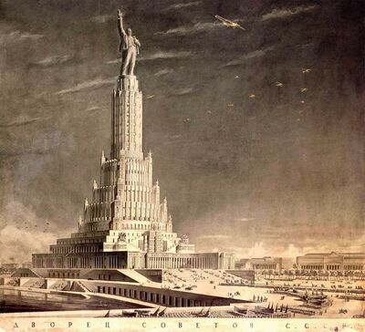 Projekt Pałacu Rad, który miał stanąć na miejscu soboru Chrystusa Zbawiciela w Moskwie. Fot. Wikimedia Commons