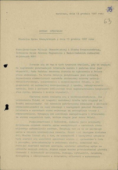 Rozkaz specjalny Ministra Spraw Wewnętrznych z 13 grudnia 1981 r. IPN BU 00133/138