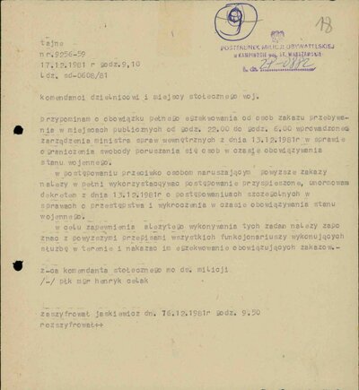Szyfrogram zastępcy komendanta stołecznego MO dotyczący egzekwowania zakazu przebywania w miejscach publicznych w czasie godziny milicyjnej, 16 grudnia 1981 r. IPN BU 00133/138