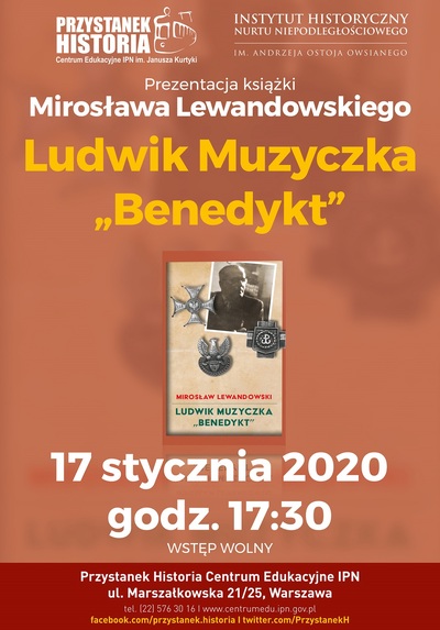 Plakat: Promocja książki Mirosława Lewandowskiego „Ludwik Muzyczka »Benedykt« – Warszawa, 17 stycznia 2020