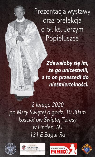 Plakat – Prezentacja wystawy IPN o bł. ks. Jerzym Popiełuszce w Stanach Zjednoczonych – Linden, 1–9 lutego 2020