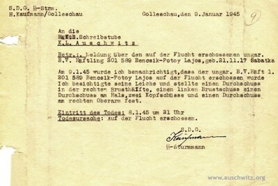 Meldunek o zastrzeleniu w czasie ucieczki więźnia, Żyda węgierskiego, z podobozu KL Auschwitz w Goleszowie (źródło: www.auschwitz.org)