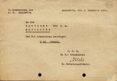 Wniosek do magazynu apteki KL Auschwitz o przydział dla szpitala obozowego 5 kilogramów fenolu podpisany przez sanitariusza SS Josefa Klehra (źródło: www.auschwitz.org)