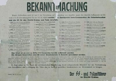 Niemieckie obwieszczenie z 17 kwietnia 1944 r. informujące o rozstrzelaniu m. in. Zygmunta Kmiecika, Brunona Szupiny, Adama Czajki i Franciszka Rówińskiego (Zbiory AIPN Warszawa)