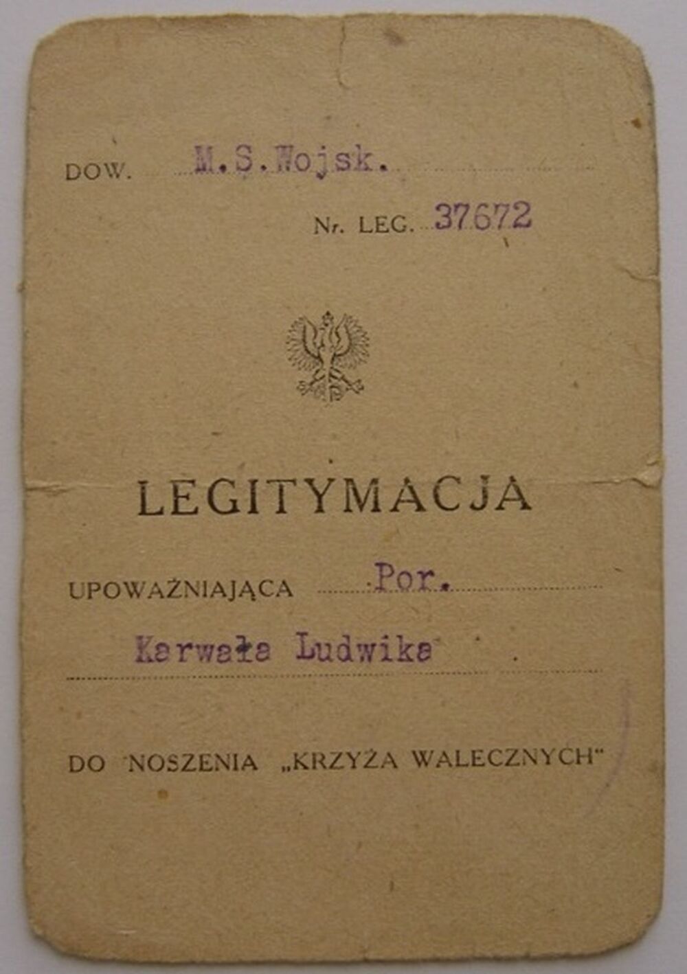 Ludwik Karwat – legitymacja uprawniająca do noszenia Krzyża Walecznych
