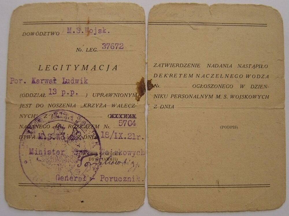 Ludwik Karwat – legitymacja uprawniająca do noszenia Krzyża Walecznych