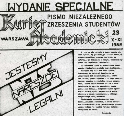Pierwsza strona „Kuriera Akademickiego” informującego o rejestracji NZS, październik – listopad 1989 r. (IPN)