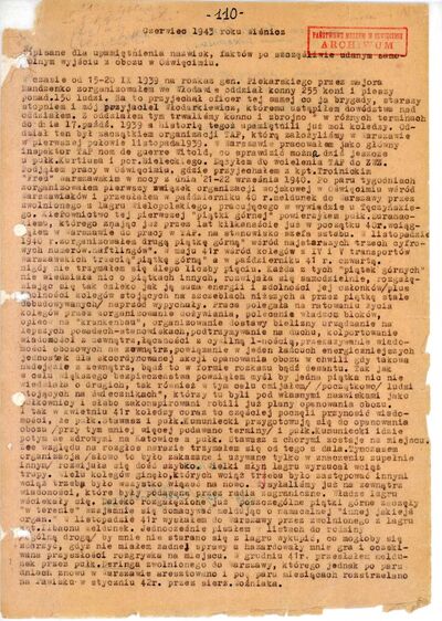 Pierwsza strona Raportu napisanego przez Witolda Pileckiego w Nowym Wiśniczu w czerwcu 1943 roku (źródło: Archiwum PMA-B. Zespół Wspomnienia, t. 130 k. 1)