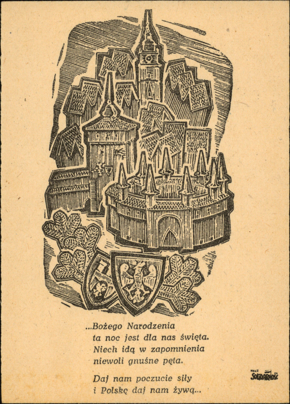 Kartka świąteczna wydrukowana przez środowiska solidarnościowe. Ze zbiorów AIPN Kraków