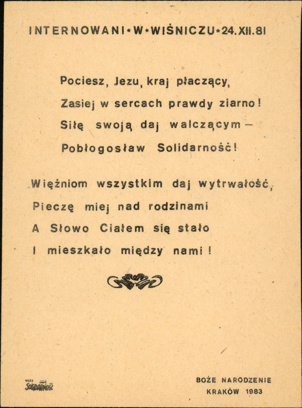Kartka świąteczna wydrukowana przez środowiska solidarnościowe (rewers). Ze zbiorów AIPN Kraków