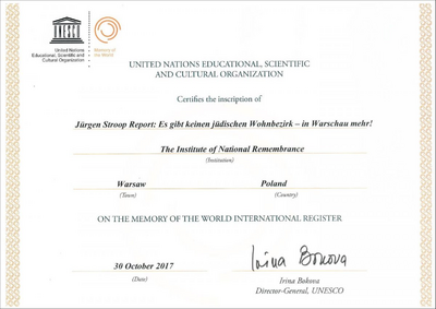 Certyfikat wpisania Raportu Stroopa na listę UNESCO Pamięć Świata