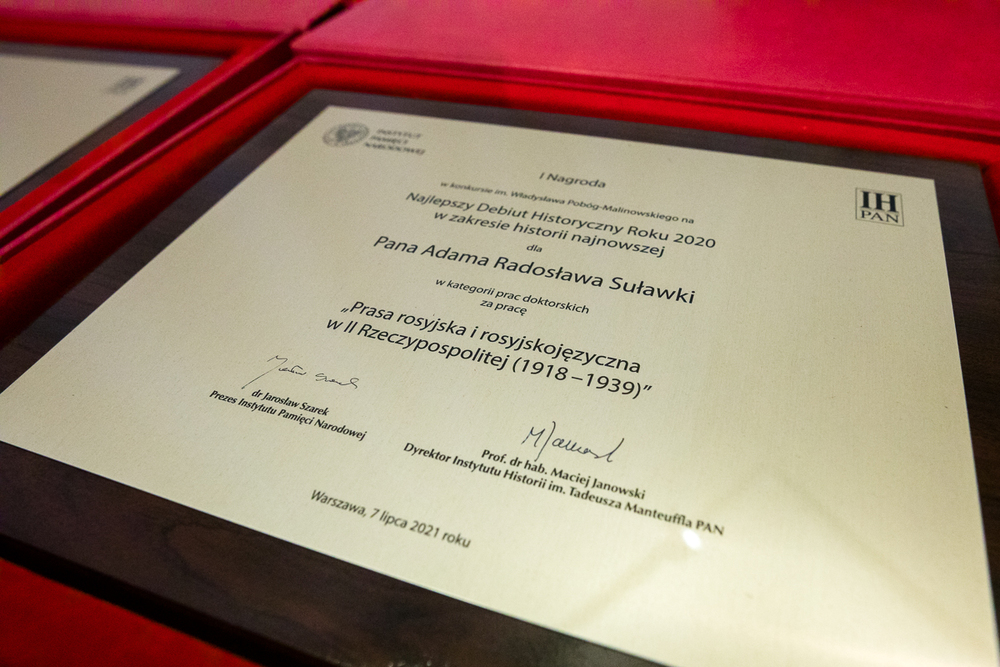 Uroczystość wręczenia nagród w konkursie na Najlepszy Debiut Historyczny Roku – 7 lipca 2021. Fot. Sławek Kasper (IPN)