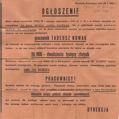 Ogłoszenie dyrekcji niemieckich zakładów „Hsag” w Skarżysku-Kamiennej zabraniających udzielani pomocy Żydom, Skatrżysko-Kamienna, 22 IX 1942 r.