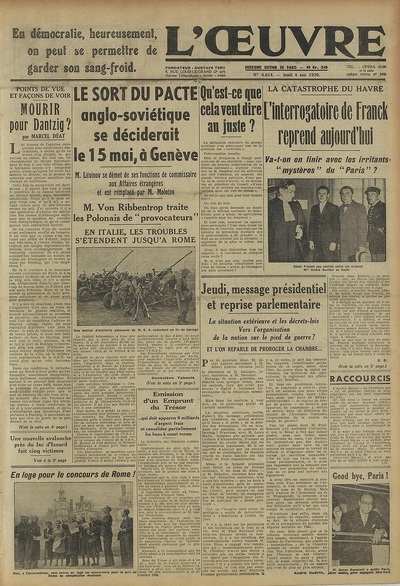Pierwsza strona dziennika „l&#039;Oeuvre” z 4 maja 1939 r.