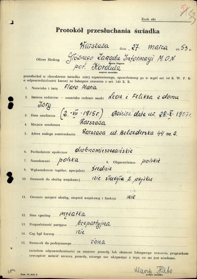 Strona wstępna protokołu przesłuchania Marii Flato w śledztwie prowadzonym przeciwko jej mężowi przez Główny Zarząd Informacji MON PRL, 27 marca 1953. Z zasobu IPN