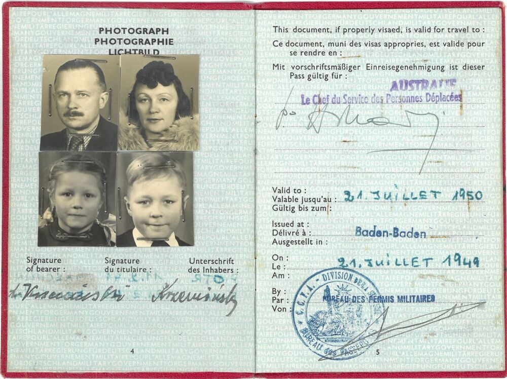 Tymczasowy dokument podróży w zastępstwie paszportu dla bezpaństwowców i osób o nieokreślonej narodowości (Temporary Travel Document in lieu of Passport) dla rodziny Krzemińskich; 21.06.1949 (AIPN)