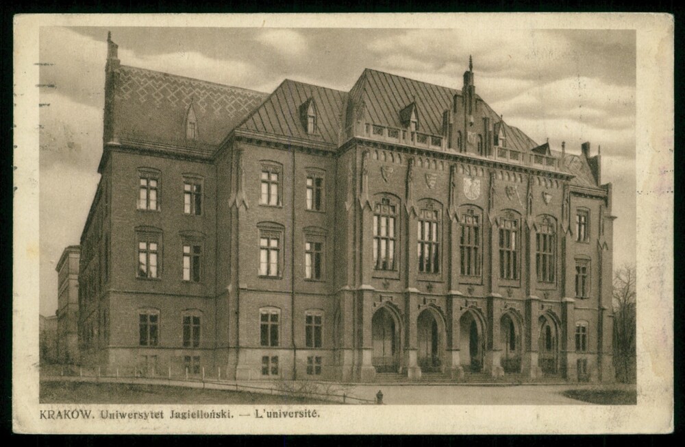 Kraków, Collegium Novum Uniwersytetu Jagiellońskiego, pocztówka wysłana w 1939 r. Ze zbiorów cyfrowych Biblioteki Narodowej (polona.pl)