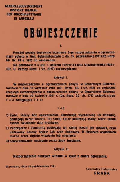 Rozporządzenie generalnego gubernatora Hansa Franka o karze śmierci dla Żydów opuszczających getto i Polaków udzielających im pomocy
