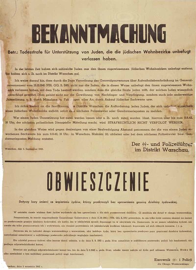 Obwieszczenie Dowódcy SS i Policji na dystrykt warszawski z 5 września 1942 grożące śmiercią za wspieranie żydowskich uciekinierów