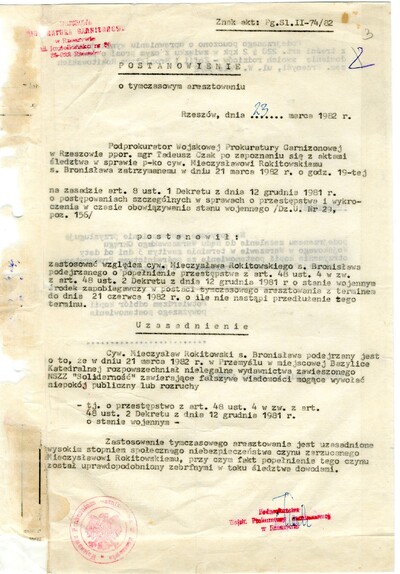 Postanowienie o tymczasowym aresztowaniu Mieczysława Rokitowskiego, 23 marca 1982. Z zasobu IPN