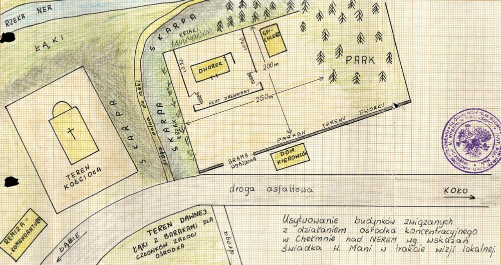 Sporządzony w 1995 r. szkic sytuacyjny okolicy w Chełmnie nad Nerem, w miejscu, w którym Niemcy prowadzili obóz zagłady Kulmhof. Z materiałów śledztwa. Z zasobu IPN