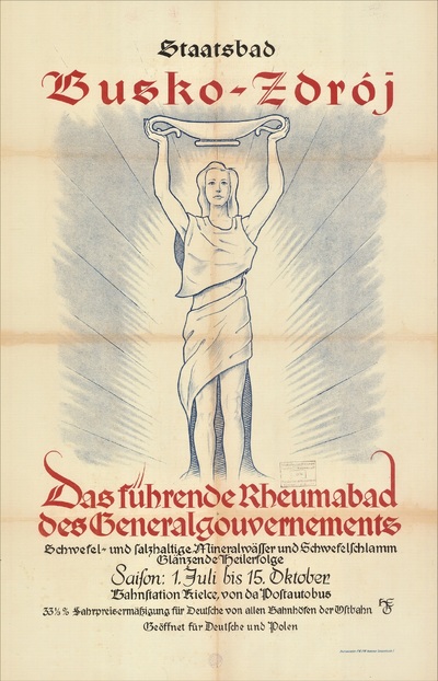 Plakat niemiecki reklamujący Busko-Zdrój jako wiodące uzdrowisko reumatyczne Generalnego Gubernatorstwa. (Źródło: Polona.pl)