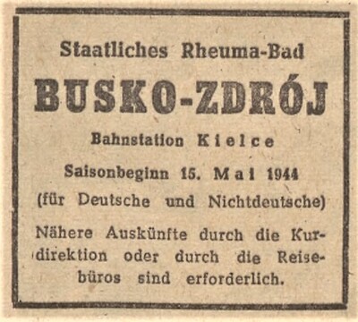 Reklama uzdrowiska Busko-Zdrój opublikowana 7 maja 1944 r. (Źródło: Warschauer Zeitung, nr 114 s. 13)