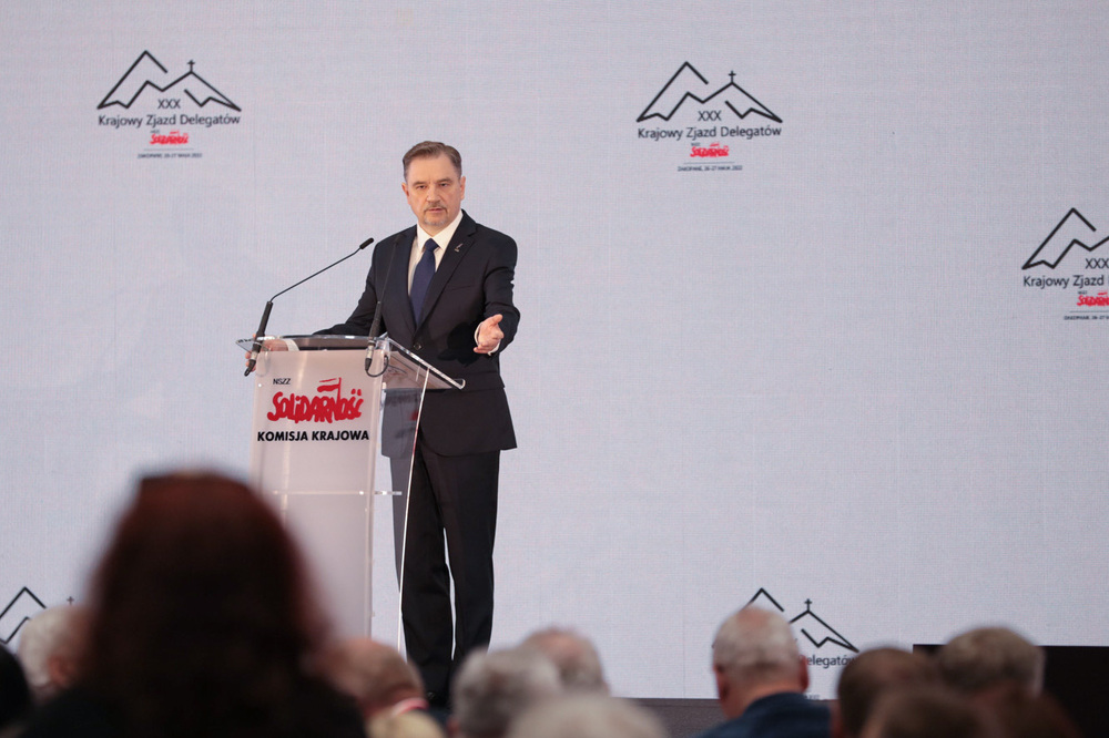Przewodniczący NSZZ „Solidarność” Piotr Duda. XXX Krajowy Zjazd Delegatów NSZZ „Solidarność” w Zakopanem – 26 maja 2022. Fot. Mikołaj Bujak (IPN)