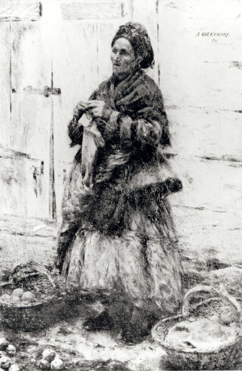 Ze zbiorów polskich - utracone podczas II wojny: obraz Żydówka sprzedająca owoce, Aleksander Gierymski (1850-1901), 1880. Właściciel: Kazimierzowa Sobańska. Z „Katalogu strat wojennych” w serwisie internetowym „Skradzione zabytki” na stronach www Ministerstwa Kultury i Dziedzictwa Narodowego