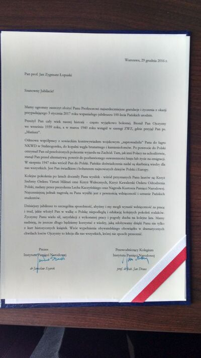 List gratulacyjny z okazji setnych urodzin prof. Jana Łopuskiego