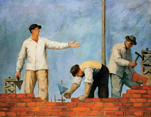 Socrealistyczny obraz Aleksandra Kobzdeja „Podaj cegłę”