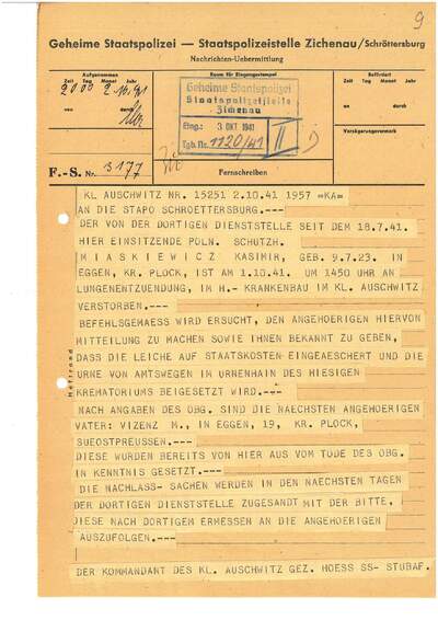 Telegram z KL Auschwitz z 2 października 1941 r. informujący o śmierci Kazimierza Miaskiewicza w dniu 1 października 1941 r. z powodu „zapalenia płuc” (sygn. IPN GK 629/3571)