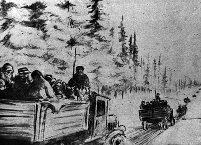 Transport więźniów odkrytymi ciężarówkami po drodze z drewnianych okrąglaków w okolicy Kotłasu w lutym 1940 r. Rys. nieznanego łagiernika