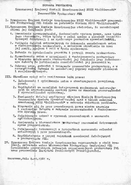 Uchwała programowa Tymczasowej Krajowej Komisji Koordynacyjnej NSZZ „Solidarność” Pracowników Prokuratury PRL