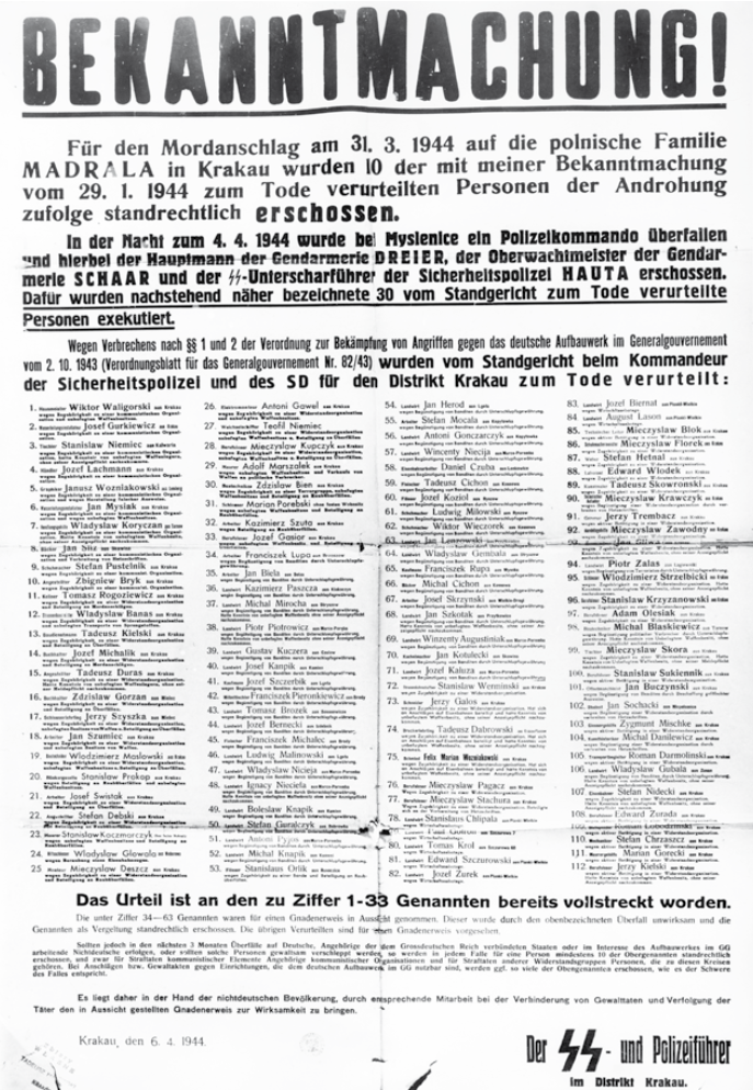 Niemiecki tzw. afisz śmierci, Kraków 6 IV 1944