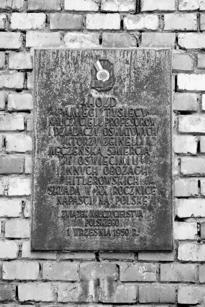 Zdjęcie tablicy ZNP umieszczonej 1 września 1959 r. na jednym z bloków byłego obozu macierzystego [Auschwitz I] (fot. Maciej Foks)