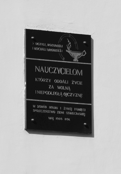 Zdjęcie tablicy, ufundowanej przez mieszkańców ziemi oświęcimskiej, na jednym z budynków w Oświęcimiu (fot. Maciej Foks)