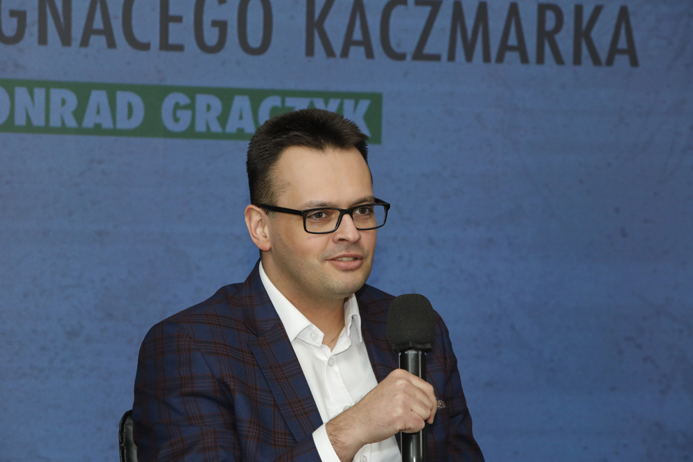 Dr Konrad Graczyk, autor książki „Sprawa Ignacego Kaczmarka. Studium przypadku niemieckiego zabójstwa sądowego z 1944 r. oraz rozliczeń z okupacją niemiecką” – Warszawa, 25 stycznia 2023. Fot. Piotr Życieński (IPN)