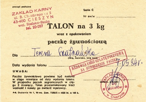 Więzienny talon Teresy Szafrańskiej na paczkę żywnościową, 1984 r.