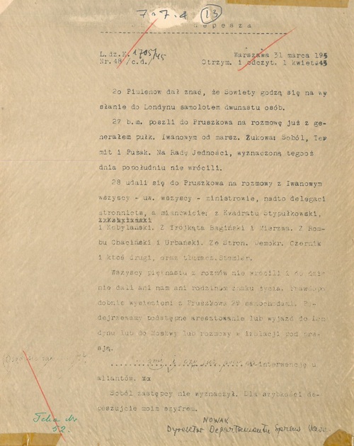 Depesza z 31 marca 1945 r. w sprawie aresztowania przywódców Polskiego Państwa Podziemnego. Z zasobu AIPN