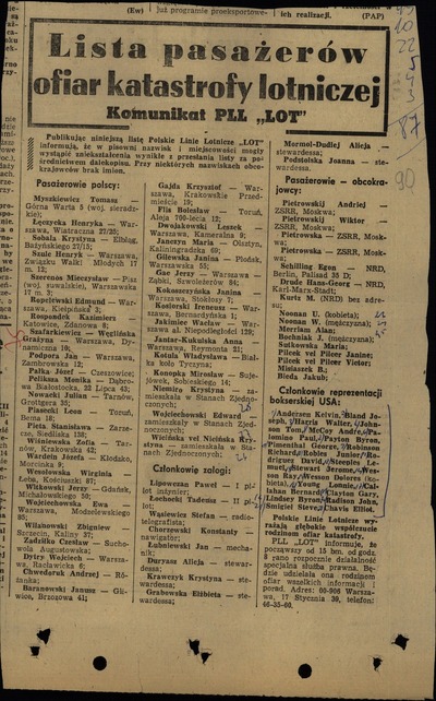 Wycinek prasowy z listą ofiar katastrofy samolotu PLL „Lot” 14 marca 1980 r. Z zasobu AIPN
