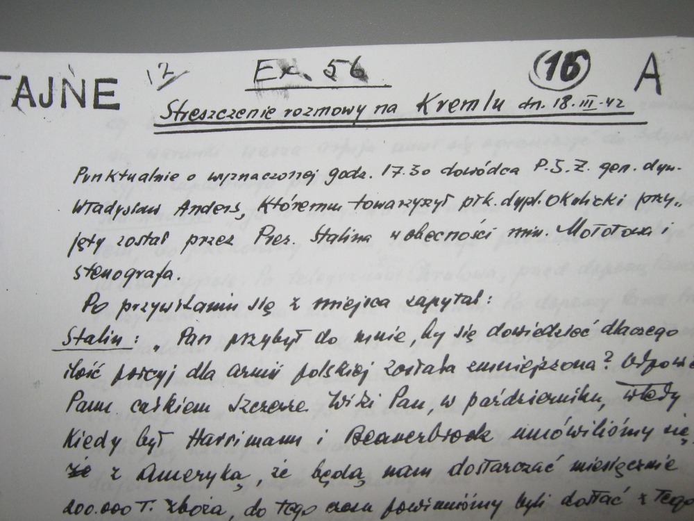 Kopia protokołu rozmowy pomiędzy Józefem Stalinem a gen. Władysławem Andersem. Moskwa, 18 III 1942 r. Użyta jako dowód podczas dochodzenia amerykańskiej komisji Maddena w 1952 r. Dokument pochodzi z zasobu: US National Archives and Records Administration (NARA) 1/3