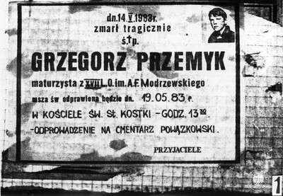 Nekrolog Grzegorza Przemyka informujący o pogrzebie 19 maja 1983, autor nieustalony, źródło Archiwum IPN