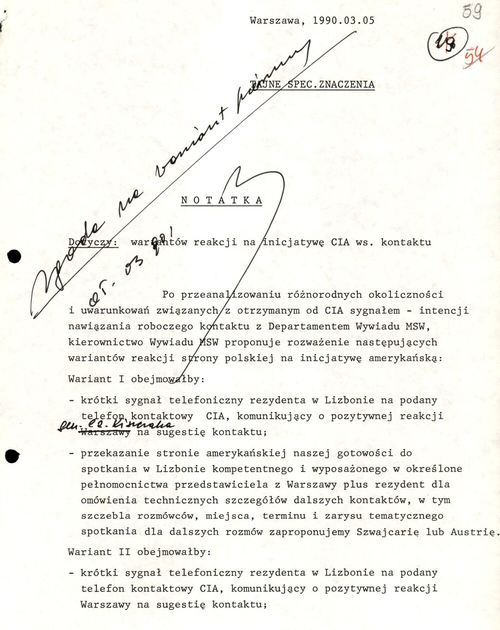 Notatka dyrektora Departamentu I MSW płk. Henryka Jasika z propozycjami wariantów spotkań z delegacją CIA (z zasobu IPN)