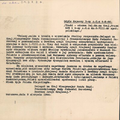 4 sierpnia 1944 r. Odpis depeszy z Warszawy Dowódcy AK, zawierający tekst odezwy do społeczeństwa polskiego