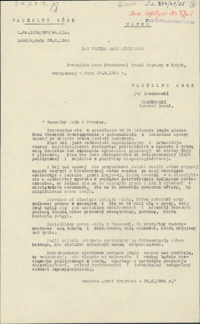 29 sierpnia 1944 r. Depesza z kraju Dowódcy AK w sprawie planów rządu porozumienia z Sowietami