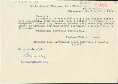 7 września 1944 r. Odpis depeszy Krajowej Rady Ministrów do Premiera RP