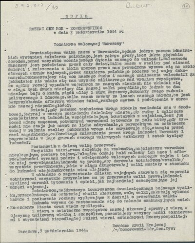 3 października 1944 r., Warszawa – odpis rozkazu gen. Tadeusza Komorowskiego do żołnierzy walczącej Warszawy